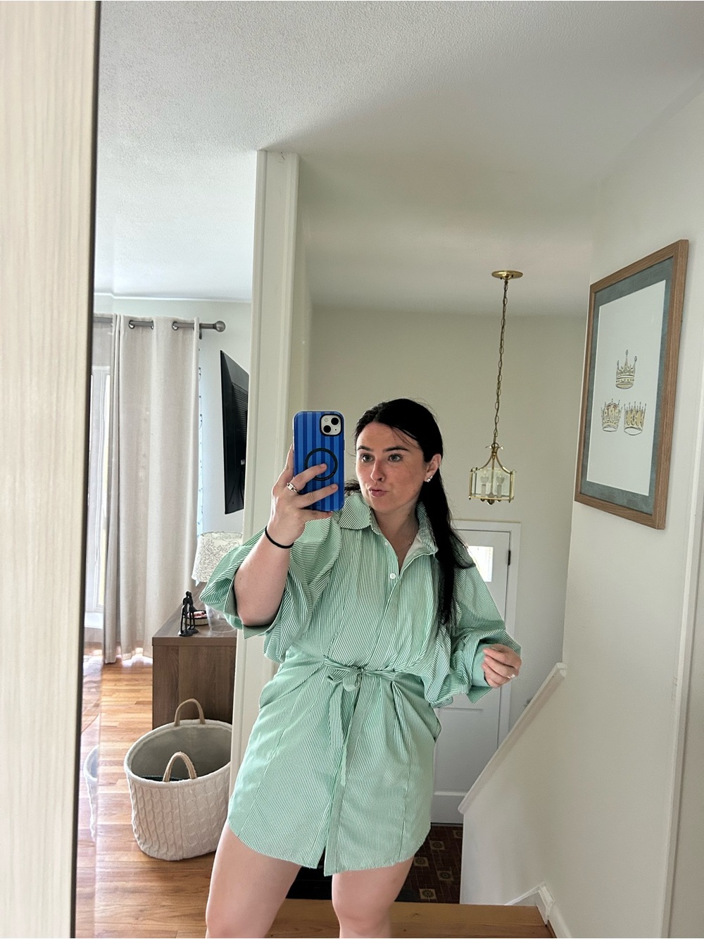 Light Green seer sucker Women's dress with Tie Waist puffy sleeves